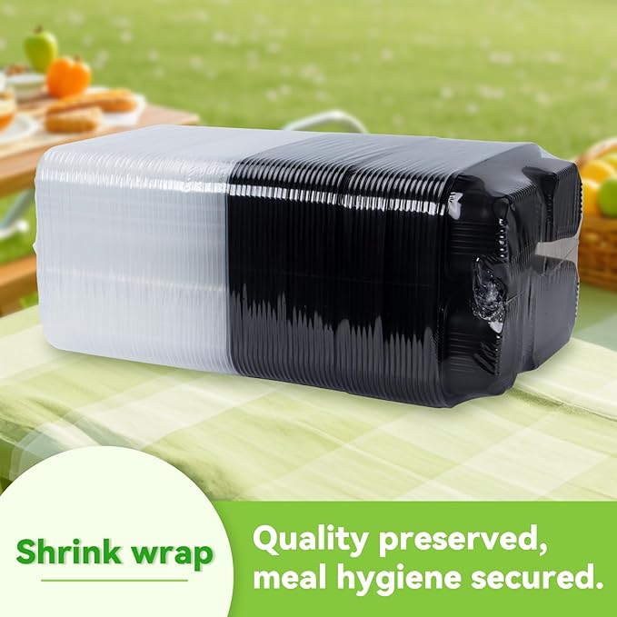 FRESHPAK Meal Prep Container Reusable 40 Pack 34oz - Shrink Wrap Leakproof | Portion Control Leftover Plastic Food Containers with Lid | BPA Free Freezer & Microwave Safe | 4 Compartment Takeout Boxes
