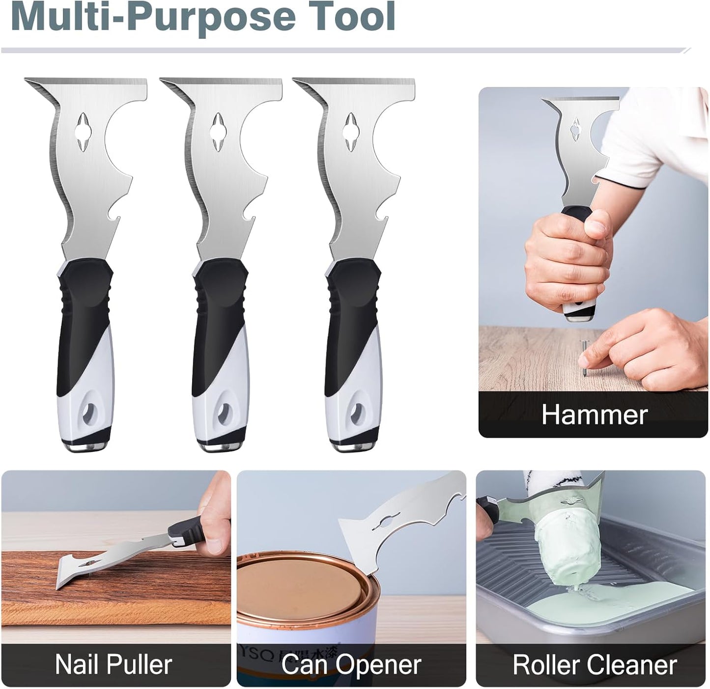 Mister Rui Paint Scraper, 3 Pack Multi Use Paint Tools Putty Knife 10 in 1, Paint Scraper Tools for Painting, Metal Scraper with Hammer End, Taping Knife, Spackle Tool