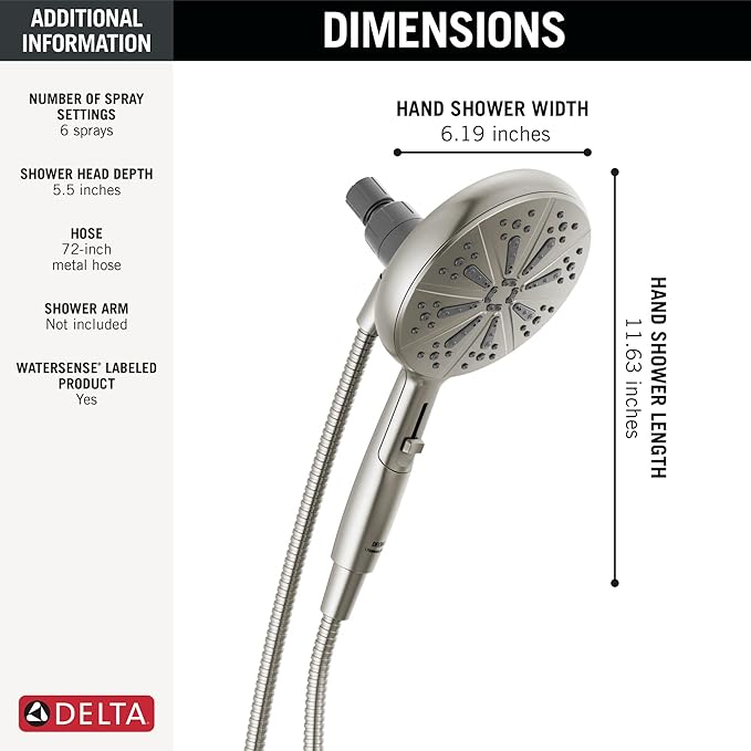 Delta Faucet 6-Spray SureDock Magnetic Shower Head with Handheld Spray, Brushed Nickel Shower Head with Hose, Showerheads & Handheld Showers, Handheld Shower Heads, Hand Shower, Stainless 75613-SN