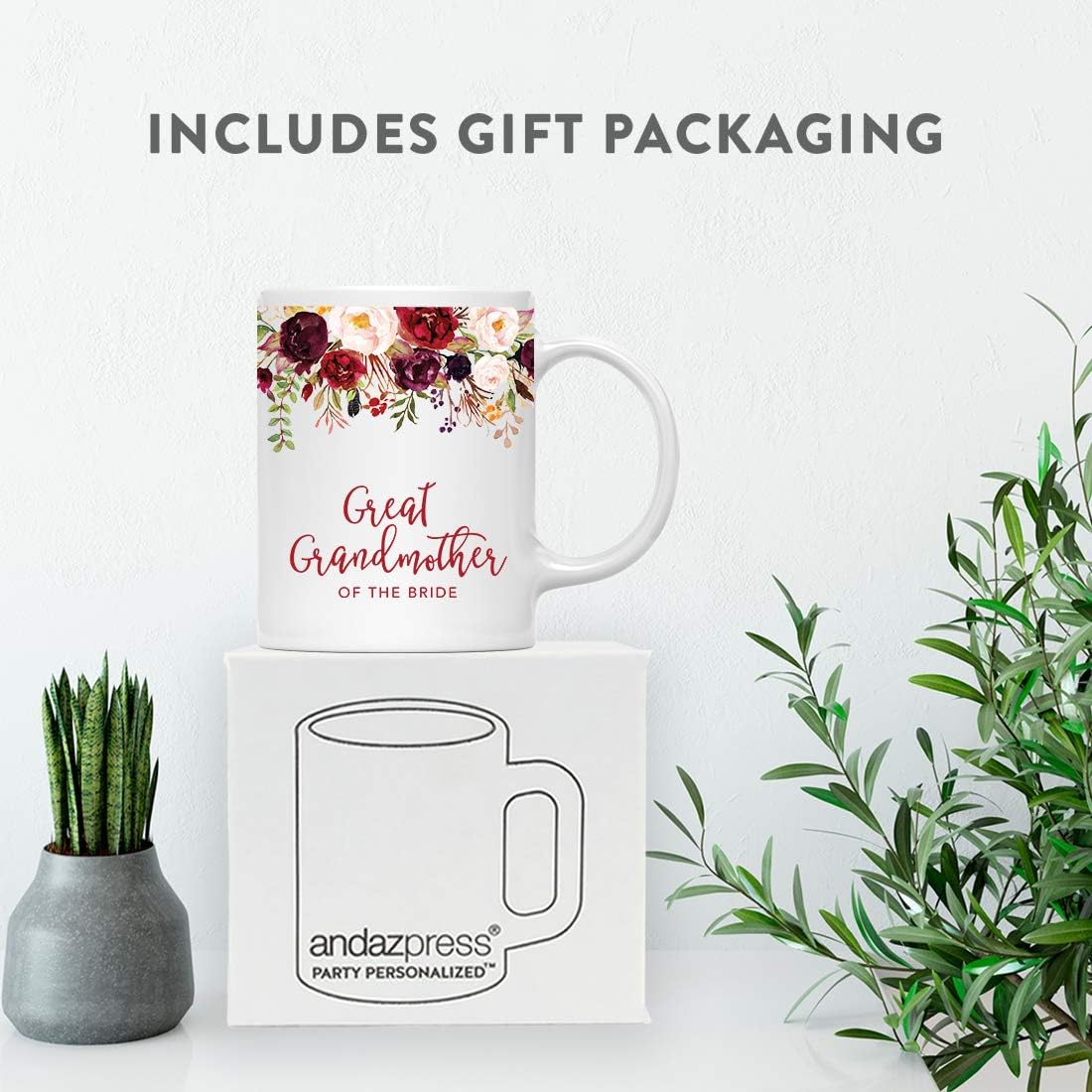 Andaz Press 11oz. Wedding Ceramic Coffee Tea Mug Gift, Fall Autumn Marsala Burgundy Flowers Roses Florals, Great Grandmother of the Bride, 1-Pack, Includes Gift Box