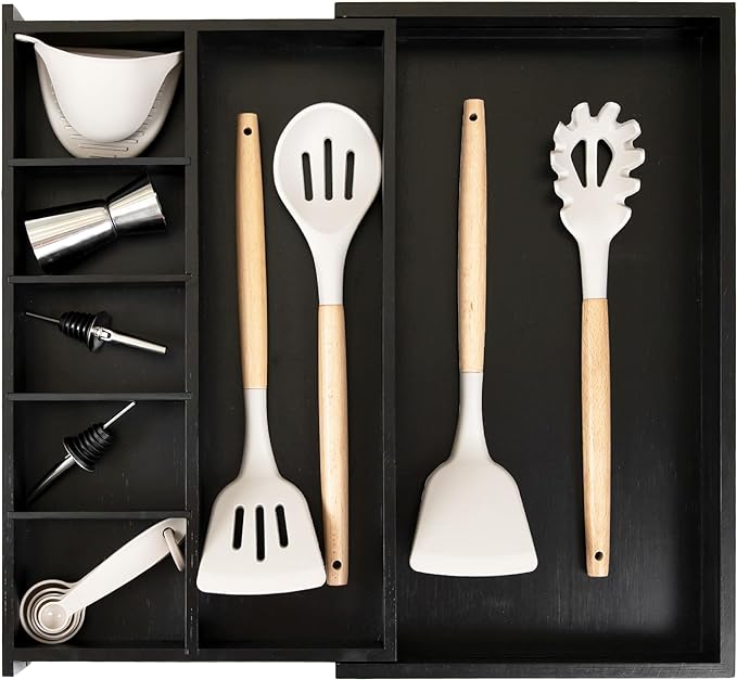 Adjustable Kitchen Drawer Organizer for Utensils and Junk, Food-Safe Contract Grade with 100% Sustainable Wood, Expandable from 10.5 to 19 Inches Wide - Black Bamboo