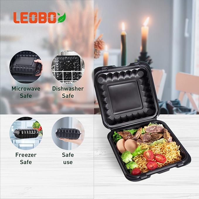 To Go Containers Mineral Filled PP Plastic - 8 Inch 34oz 55 Pack | Shrink Wrap BPA Free Takeout Boxes | Freezer & Microwave Safe for Food Delivery | Salad Breakfast Black Disposable Container