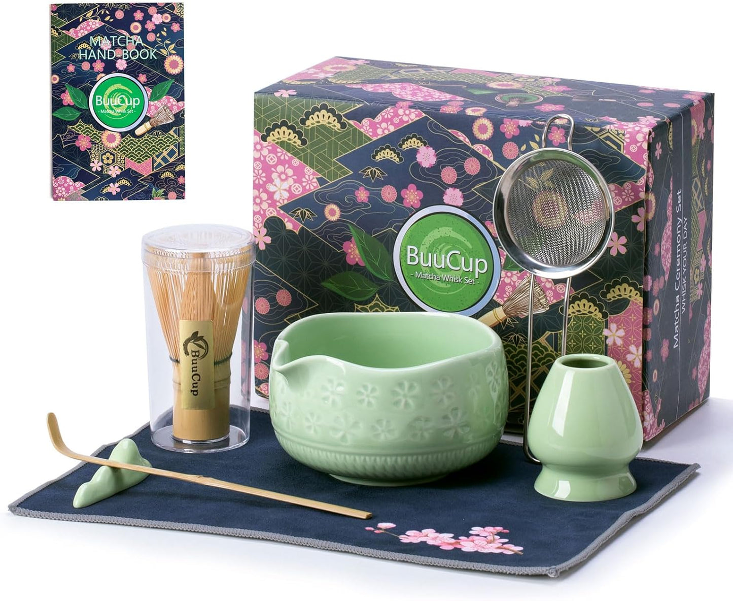 Matcha Whisk Set, Ceramic Matcha Set Includes Matcha Bowl, Matcha Whisk and Holder, Bamboo Scoop, Scoop Rest, Sifter and Tea Towel - 7 Pcs Matcha Kit for Matcha Lovers (Green)