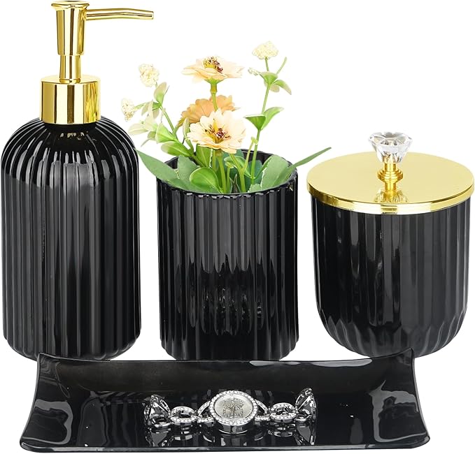 Haturi Bathroom Accessories Set, 4Pcs Black Glass Bathroom Accessories Sets Complete w/Lotion Soap Dispenser, Toothbrush Holder, Apothecary Jar, Vanity Tray, Bathroom Decor, Gift for Home Apartment