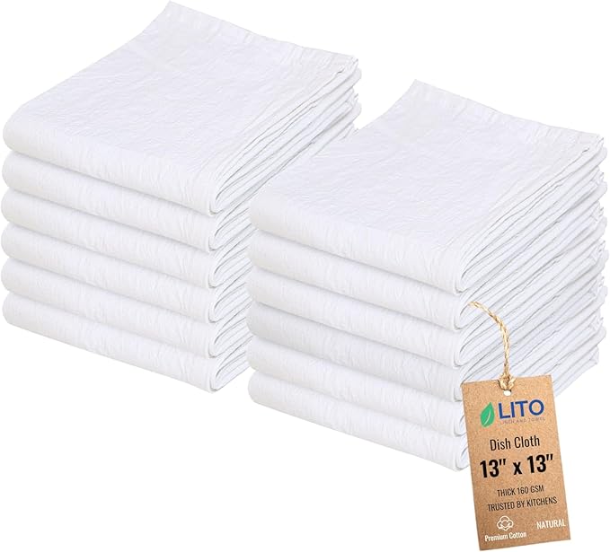 Dish Cloths Cotton| Kitchen Wash Cloth | Shop Towels Absorbent and Lint Free Flour Sack| Dishcloths for Kitchen Washing Dishes| Thick Absorbent Quick Dry Dish Rags | 12 Pack 13"x13" Natural