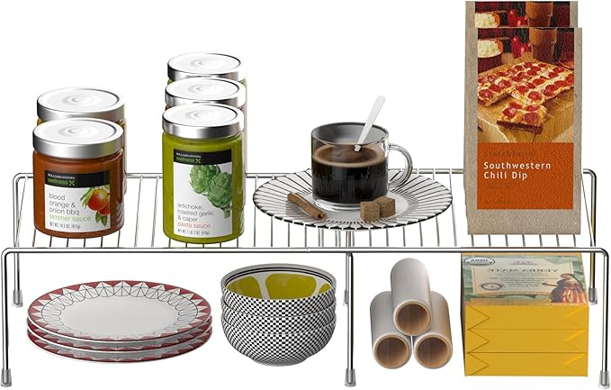 Redrubbit Cabinet Storage Shelf Rack, Expandable Metal Rustproof Kitchen Counter and Cabinet Shelf, Storage Rack Organizer Space Saver for Kitchen, Fridge, Cabinet, Bathroom, Chrome