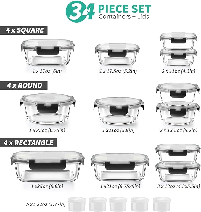 34pcs Glass Food Storage Containers with Lids Set, Airtight Glass Meal Prep Containers (17 Containers & 17 Lids), Leak Proof Lunch Containers BPA-Free, Microwave, Oven, Freezer, Dishwasher Safe