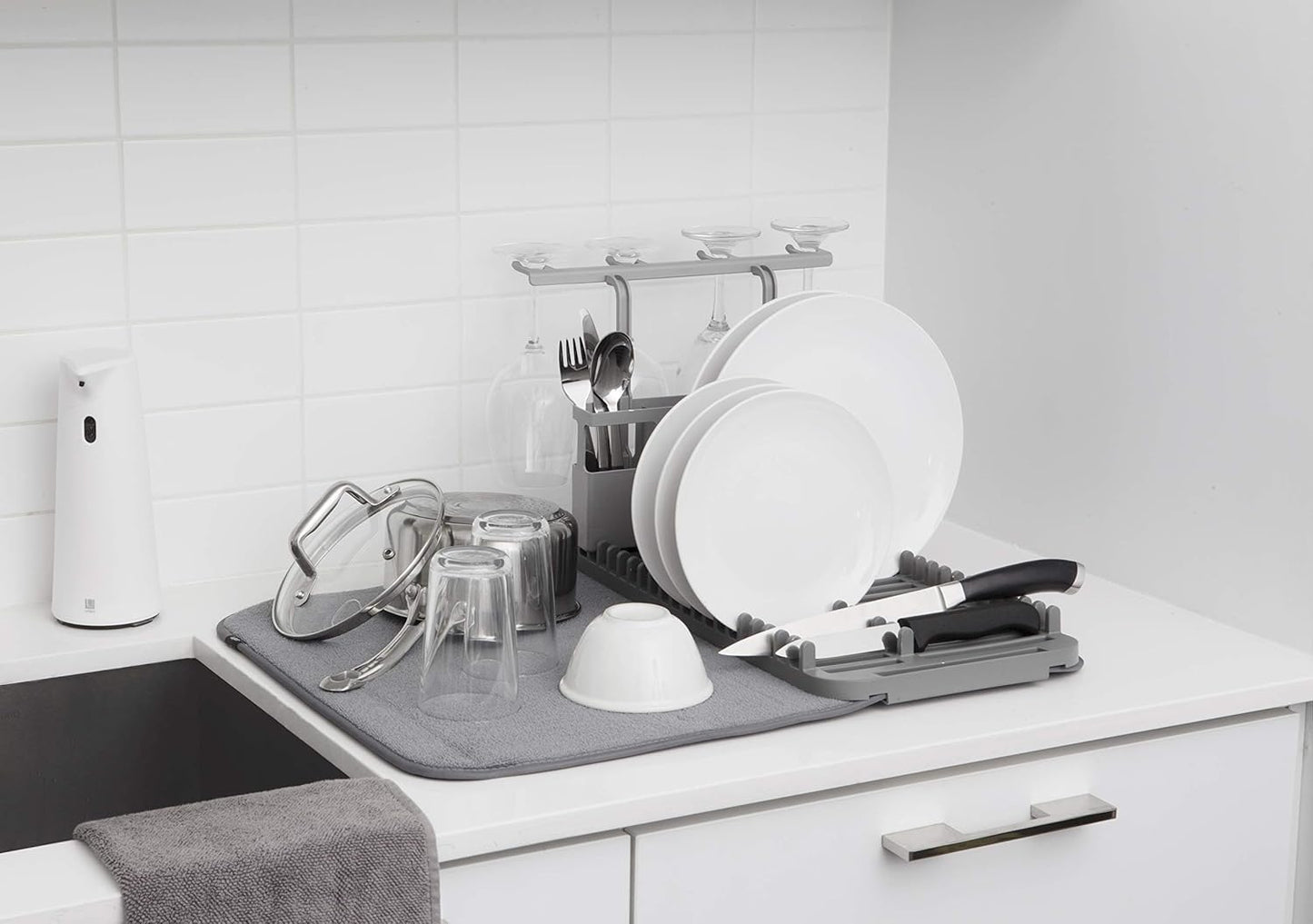 Umbra Udry Dish Rack and Microfiber Drying Mat – Space-Saving Design Folds Up for Easy Storage, Rack with Caddy, Gray