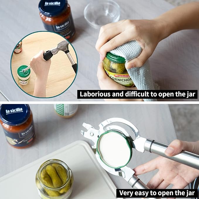 Jar Opener, Multifunctional Jar Opener for Weak Hands, Stainless Steel Jar Lid Opener, Beer Bottle Opener for Seniors with Arthritis