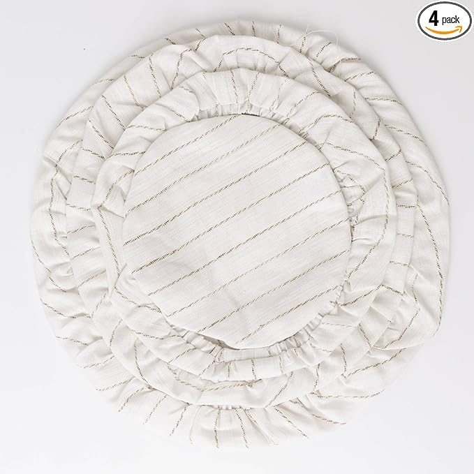 100% Linen Stripe Bowl Covers Reusable For Bread Proofing, 4 Pcs Elastic Cloth Fabric Bowl Covers, 5.9 * 7.9 * 9.8 * 11.8 Inches, White