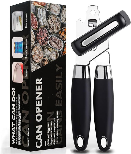 Multifunctional Stainless Steel Manual Can Opener and Bottle Opener, Heavy Duty Hand Held Can Opener with Easy Turn Knob, Sharp Blade Smooth Edge, Good Grips Kitchen Tool for Seniors, Black