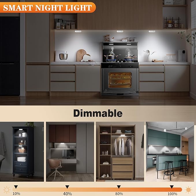 LED Closet Step Lights Wireless Motion Sensor Puck Light Compatible with Charging Station, 3 Colors Temperatures USB Rechargeable Indoor Under Cabinet Lighting with Remote (6 Pack)