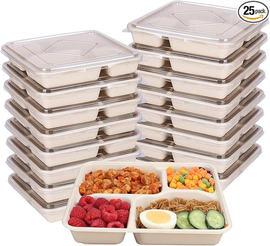 37 OZ Sugarcane Fiber 4 Compartments disposable plates with Lids Bagasse Plant Fibers Freezer Safe 25 PACK