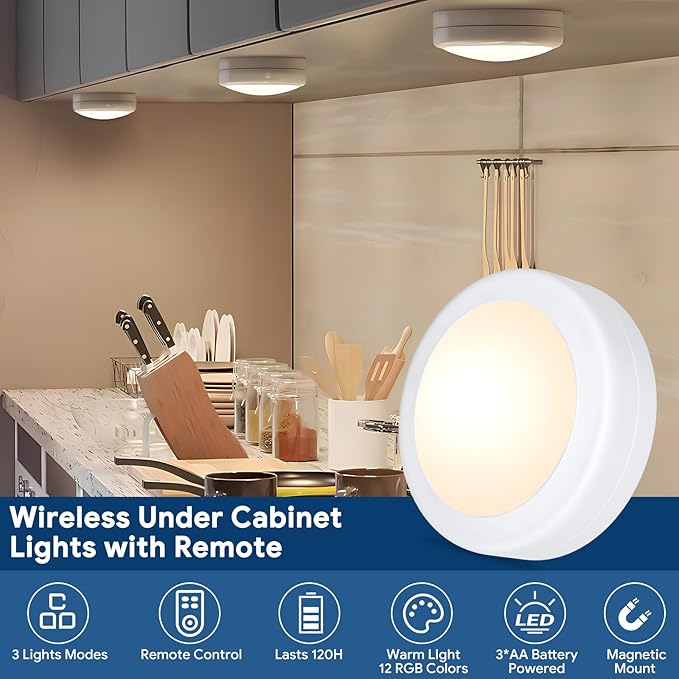 Yiliaw LED Puck Lights with Remote Control, AA Battery Operated, 12 Color Closet Under Cabinet Lighting, Push Tap Light, Under Counter for Kitchen, 6 Pack, White-Magnetic