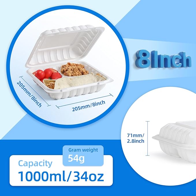 YANGRUI To Go Food Containers, Reusable 150 Pack 8 Inch 34 OZ MFPP Meal Prep Container BPA Free Microwave Freezer Safe Plastic Hinged White Clamshell Take Out Food Boxes