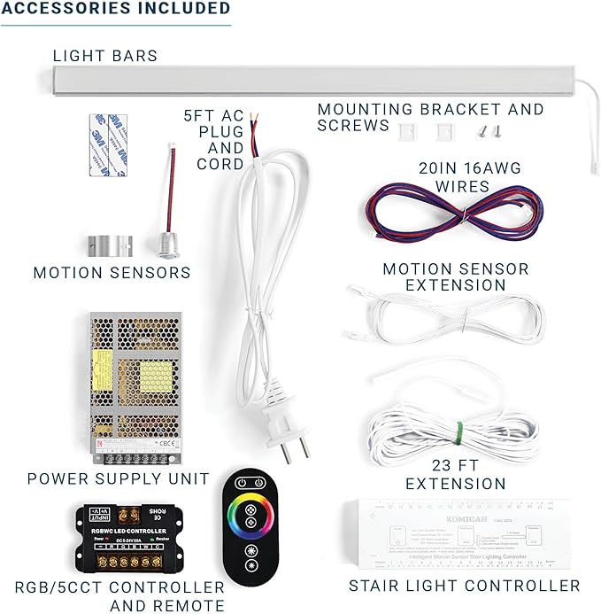 PARMIDA Intelligent Motion Sensor LED Indoor Stair Lighting Kit, RGB & 5CCT Color Selectable, 24" Aluminum Light Bars, Staircase Cascading Style, Remote Control, Dimmable, UL Driver, 100W - 10 Steps