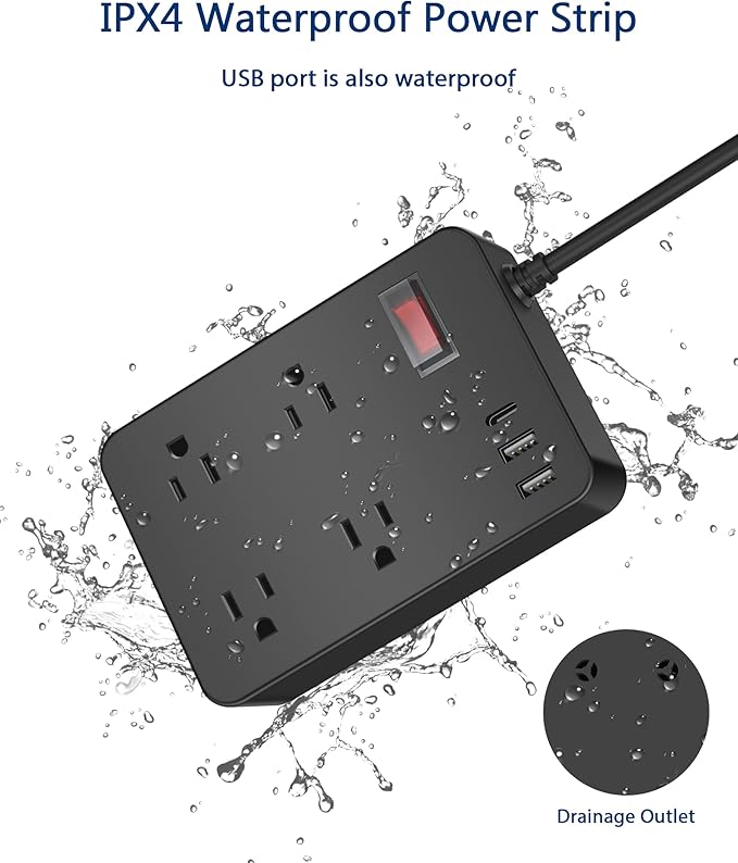 Outdoor Power Strip Weatherproof,Fast Charging Station 20W USB C,Waterproof Surge Protector 4 Outlets, Multi Outlet Extension for Camping, Garden, Kitchen,Bathroom,Flat Plug (Black, 10 FT Cable)