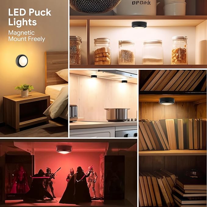 Yiliaw LED Puck Lights with Remote Control, AA Battery Operated, 12 Color Closet Under Cabinet Lighting, Push Tap Light, Under Counter for Kitchen, 12 Pack, Black-Magnetic