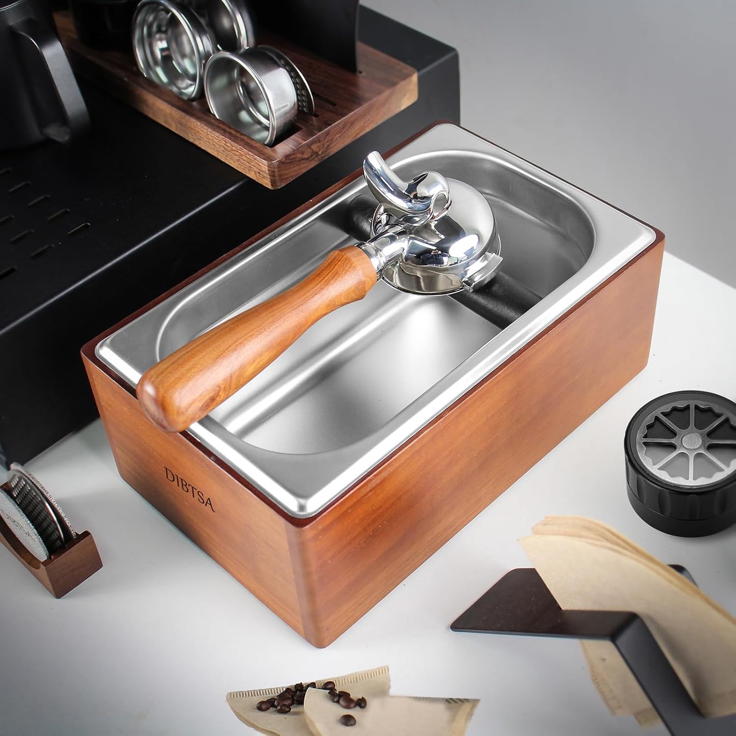 DIBTSA Knock Box Espresso, Coffee knockbox with Rubber Knock Bar and Anti-slip Pad, Commercial Use Large Capacity, Stainless Steel and Wooden, Espresso Accessory