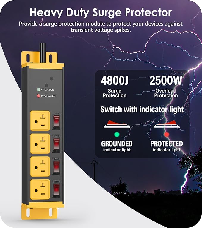 CCCEI Heavy Duty Surge Protector Power Strip 20 Amp Individual Switches. 25FT 12 Gauge Extension Cord with Multiple Outlets. Kitchen, Garage, Shop, Industrial Wall Mount Electric Extender, Yellow.