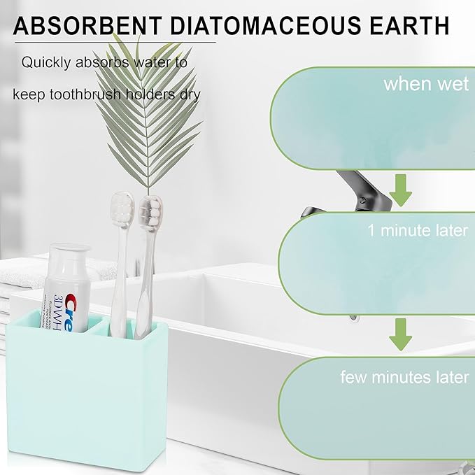 Diatomite Toothbrush Holder 2 Slots Tooth Brush Holder for Bathroom, Kids Electric Toothbrush and Toothpaste Organizer for Countertop, Shower, Vanity, Green