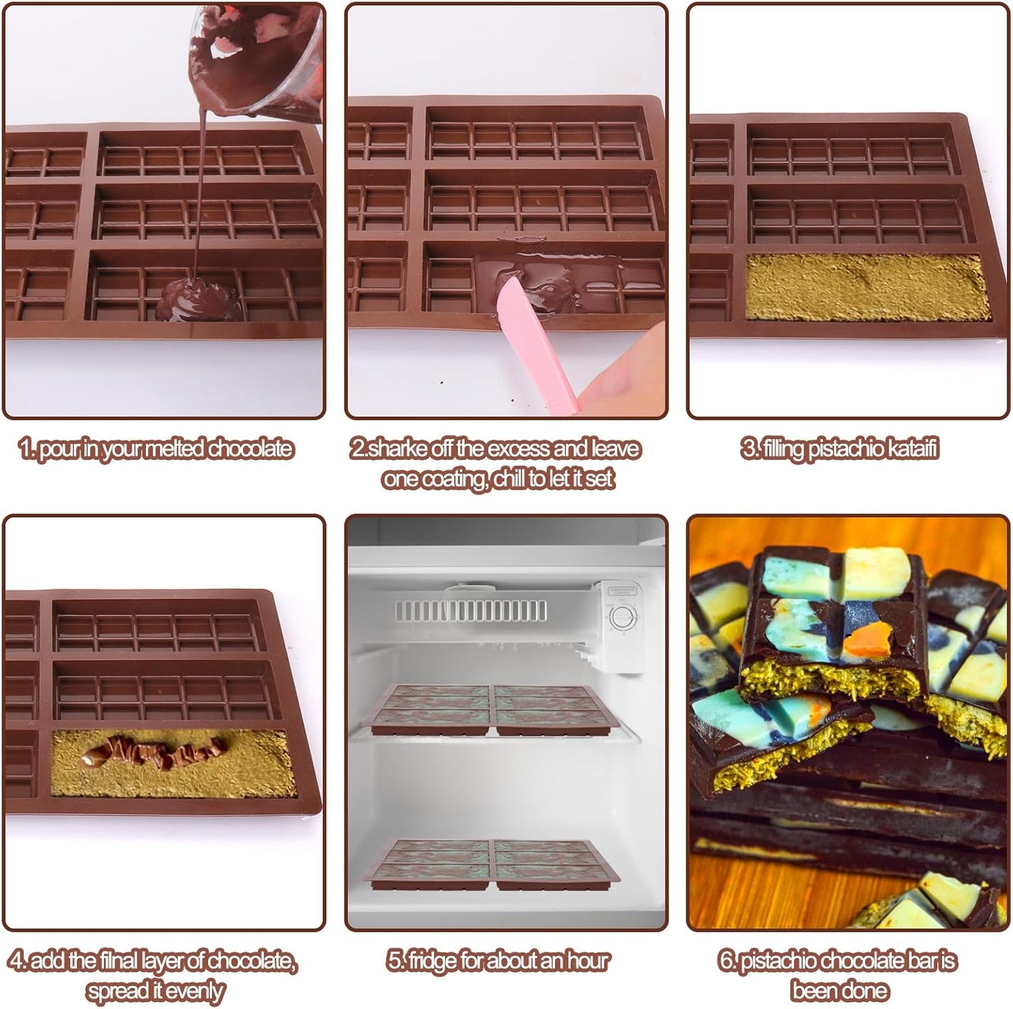 Mity Rain Chocolate Bar Mold Deep - Silicone Thick Mold for Stuffed Bars, Knafeh Pistachio Chocolate Break Apart Candy Molds With 200pcs Storage Bags (Square + Rectangle)