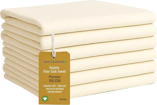 WHITEWRAP Flour Sack Towels| Tea Towel for Crafts| Kitchen Dish Cotton Blank Towel for Embroidery|Baking Bread Proofing Linen Cover| Thick Absorbent Quick Dry| 6 Pack 28"x28" Natural