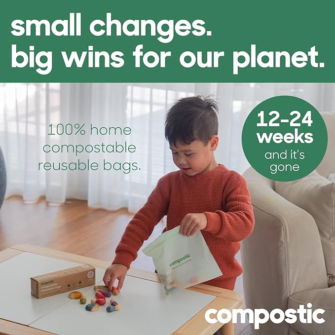Home Compostable Resealable Sandwich Bags (7"x7"), Microwave & Freezer Safe, Organic Food Storage Container, 100 Count (Pack of 1)