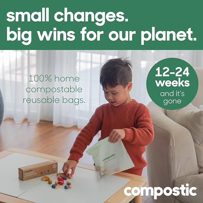Home Compostable Resealable Sandwich Bags (7"x7"), Microwave & Freezer Safe, Organic Food Storage Container, 30 Count (Pack of 2)