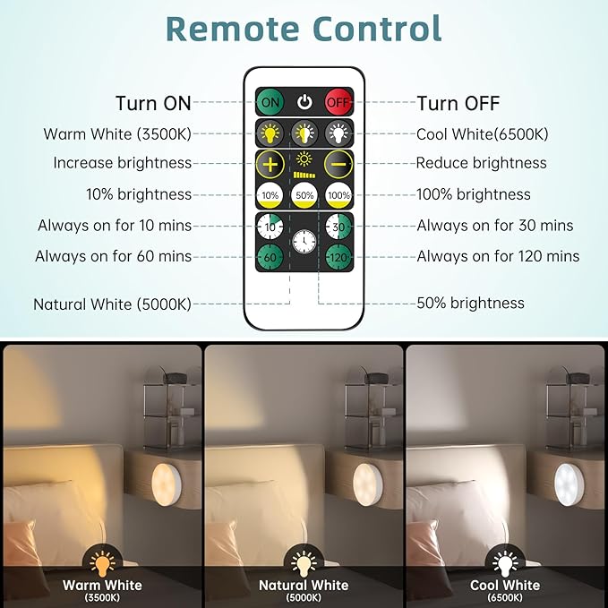 LED Closet Step Lights Wireless Motion Sensor Puck Light Compatible with Charging Station, 3 Colors Temperatures USB Rechargeable Indoor Under Cabinet Lighting with Remote (6 Pack)