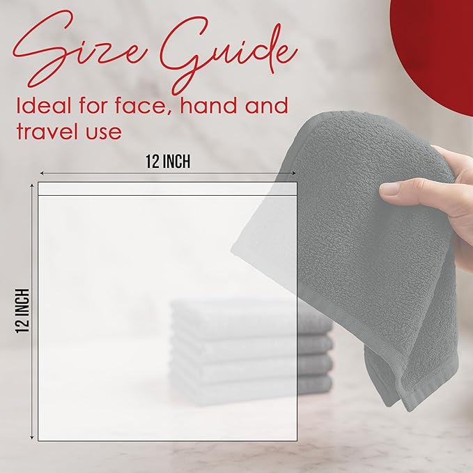 RIVERSIDE 24 Pack Washcloths Set - 100% Cotton [12x12 Inches] - Soft, Quick-Dry & Highly Absorbent Face Towels - Perfect for Bathroom, Gym, Hotel, Spa & Travel - Grey