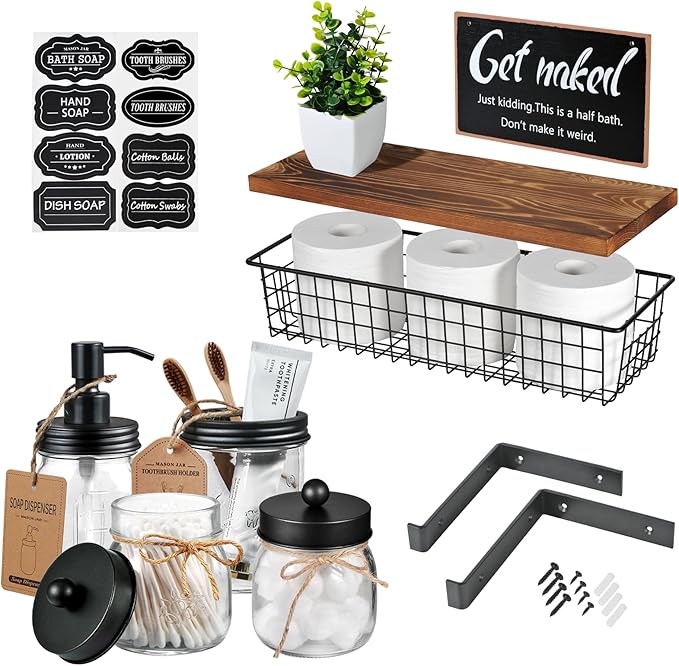 SheeChung Mason Jars Floating Shelves Set for Bathroom - 16oz Soap Dispenser, Toothbrush Holder, 2Pcs Qtip Holders, Paper Storage, Wall Mounted Farmhouse Decor, Artificial Plant, Decor Sign-Brown