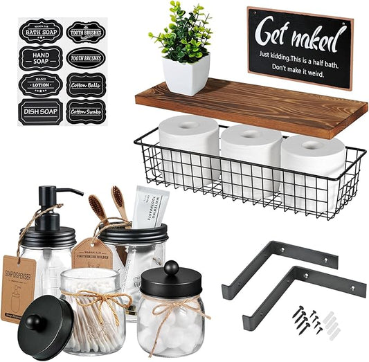 SheeChung Mason Jars Floating Shelves Set for Bathroom - 16oz Soap Dispenser, Toothbrush Holder, 2Pcs Qtip Holders, Paper Storage, Wall Mounted Farmhouse Decor, Artificial Plant, Decor Sign-Brown