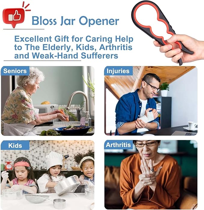 Bloss Anti-skid Jar Opener Can Opener Kitchen Grippers,4 in 1 Multi Function Bottle Opener Lid Opener for Seniors with Arthritis, Caps and Bottles Kitchen Gadgets For Small Hands or Seniors,Black Red