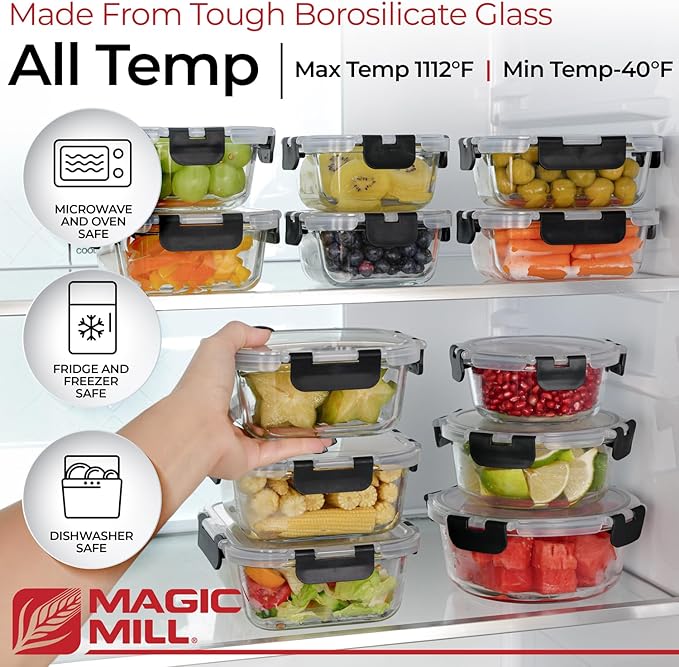 Magic Mill Borosilicate Glass Food Storage Containers with lids Set | Ultimate 24pc Sets with 12 Bowls & 12 Airtight Locking Lids for Lunch & Meal Prep, Safe for Oven, Freezer, Dishwasher, BPA-Free
