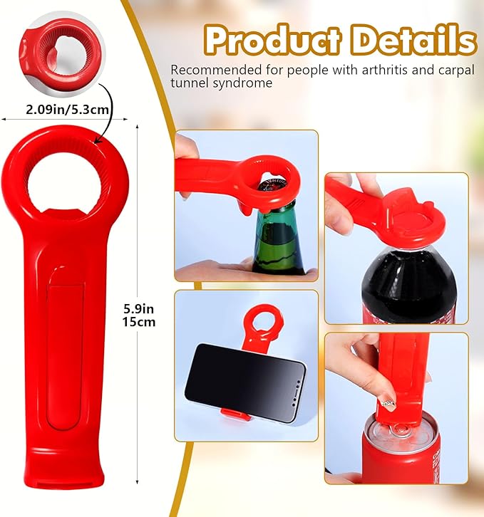 JTENGYAO 2Pcs 2 in 1 Jar Opener for Seniors with Arthritis, Plastic Multi-Functional Jar Lid Opener for Weak Hands as Mobile Phone Holder, Red
