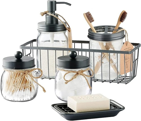 SheeChung 6Pcs Mason Jars Bathroom Accessories Set - Toothbrush Holder, Soap Dispenser, Qtip Holders, Soap Dish, Wire Paper Storage, Farmhouse Bathroom Decor (Vintage Grey, 6Pcs Bathroom Set)