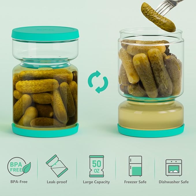 Glass Pickle Jar with Strainer for Pickle Lover - 50 oz Airtight Olive Container with Silicone Lids, Kitchen Organization Must-Have Versatile Hourglass Jar, BPA-Free, Dishwasher Safe (Green)