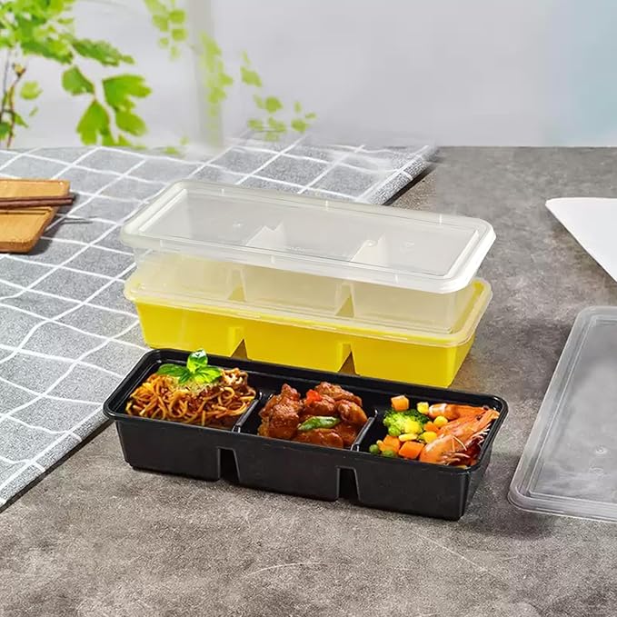Disposable Food Storage Containers with Lids Meal Prep 3-Compartment To Go Take Out Plastic Black, Sturdy Leakproof Food Safe, Microwave Freezer Dishwasher Safe (50, 3 compartment)