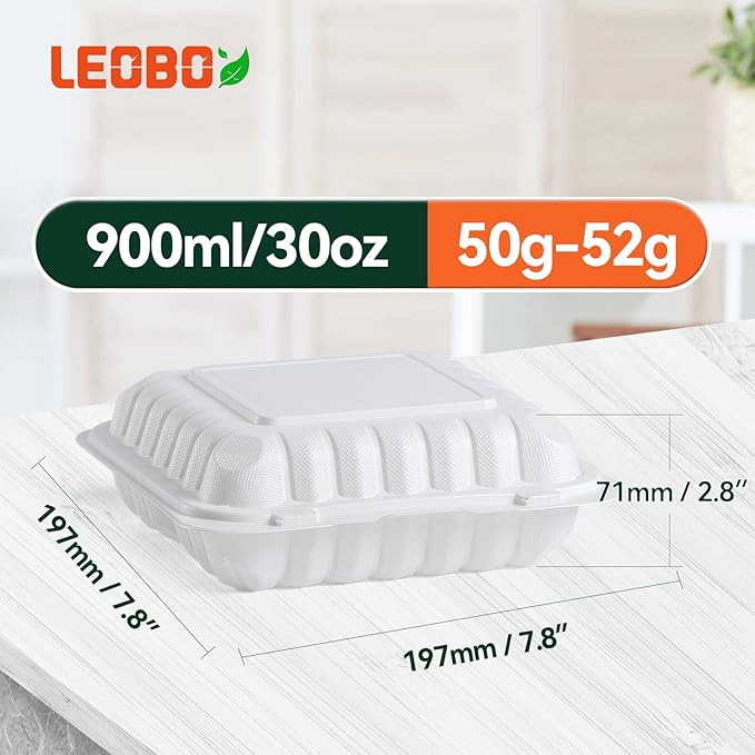 Food Containers Mineral Filled PP Plastic - 7.8 Inch 30oz 65 Pack BPA Free 3 Compartments Shrink Wrap To Go Boxes | Freezer & Microwave Safe for Takeout | White Reusable & Disposable Container