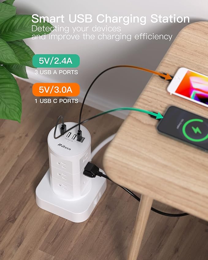 Tower Surge Protector Power Strip with 12 Outlets 4 USB (1 USB C), Mifaso Extension Cord with Multiple Outlets, 1800J Protection, Office Desk Supplies, Dorm Essentials