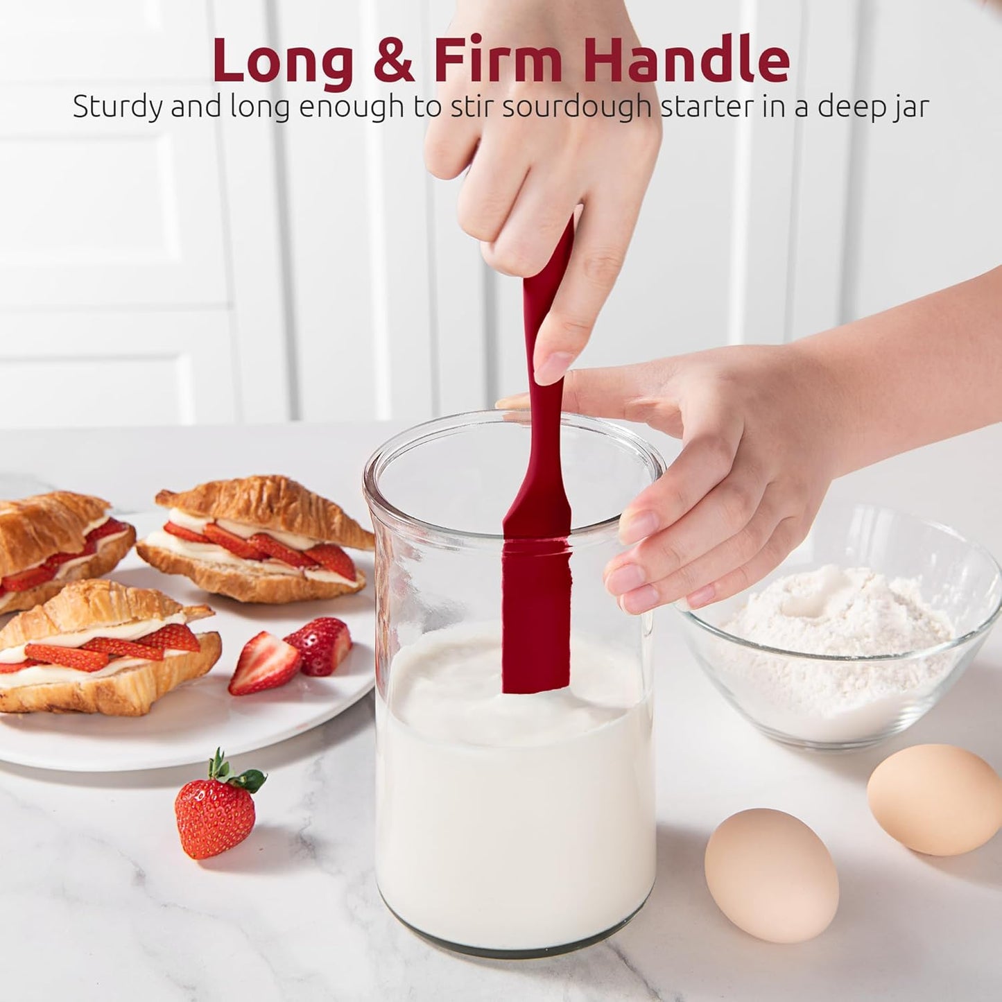 U-Taste Skinny Silicone Jar Spatula: 600ºF Heat-Resistant Food-Grade 10in Long Narrow Sourdough Stirring Stick, Seamless Flexible Peanut Butter Spreader for Scraping Icing Bread Cream, Jam (Red)