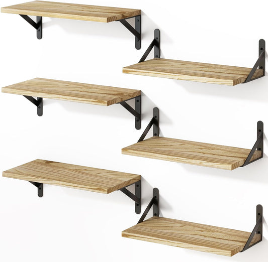 YGEOMER 16.5 Inch Floating Shelves for Wall, Farmhouse Wall Shelves for Bedroom, Bathroom Storage, Living Room and Kitchen Decor (Set of 6 Light Brown Color)