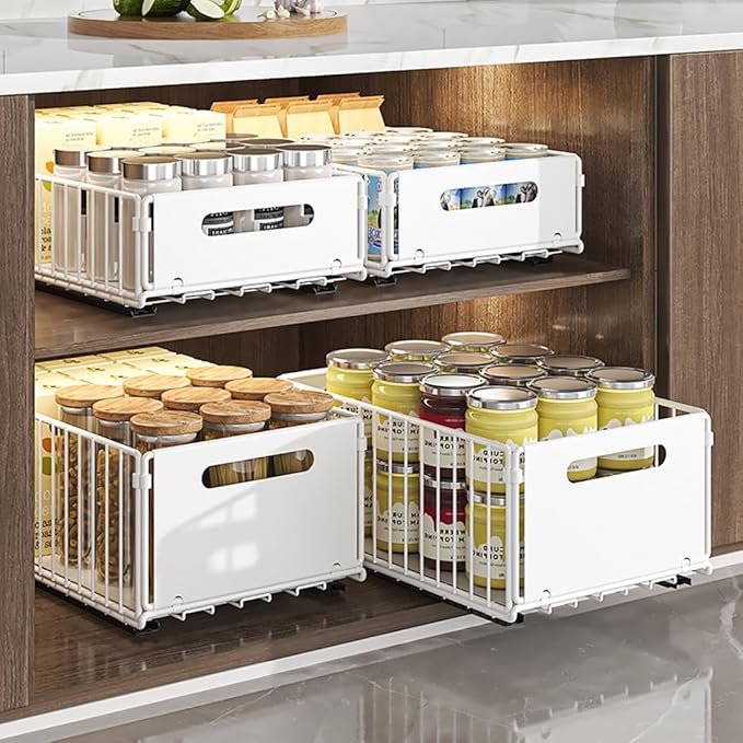 Pull Out Cabinet Organizer Slide Out Drawer Storage Shelves Cupboard Organiser Sliding Cabinet Basket for Kitchen No Drilling and Nailing (White, 2Piece 9.8" W X 15" D X 3.9" H)