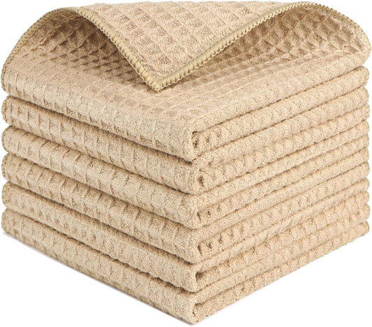 HOMEXCEL Waffle Weave Microfiber Cleaning Cloth, 6 Pack Highly Absorbent Cleaning Rag for Household, Reusable Kitchen Towels, Scratch-Free Barista Towels, 12 x 12 Inches, Brown