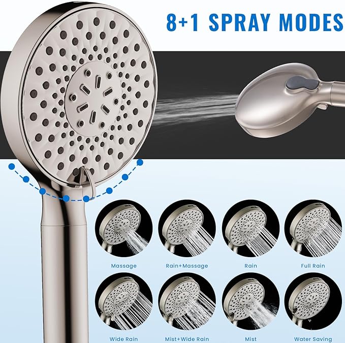Ryamen Filtered Shower Head with Handheld, High Pressure 9-Spray Modes Detachable Shower Head with Filter for Hard Water-Remove Chlorine & Impurities, Improve Skin & Hair Health, Brushed Nickel