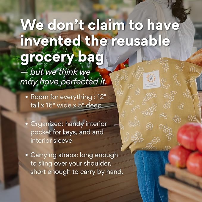 Bee's Wrap Market Tote Bag (Pack of 2) - Organic Cotton - Extra Large Reusable Grocery Bags - Tote Bags with Pockets and Straps - Yellow Honeycomb Pattern