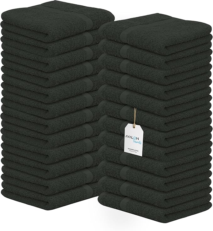 Avalon Towels Cotton Washcloths – (Pack of 24) Size 12x12 Inches, 100% Ring Spun Cotton, Soft & Absorbent Face Towels, Gym Towels, Hotel and Spa Quality, Reusable Fingertip Towels (Grey)