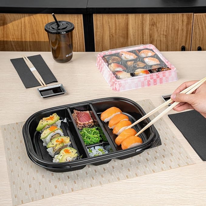 Restaurantware-Bento Tek 50.7 Ounce Meal Prep Containers, 50 Disposable To Go Food Boxes - Lids Sold Separately, 5 Compartments, Black Plastic Bento Lunch Boxes, Freezable, For Take Out