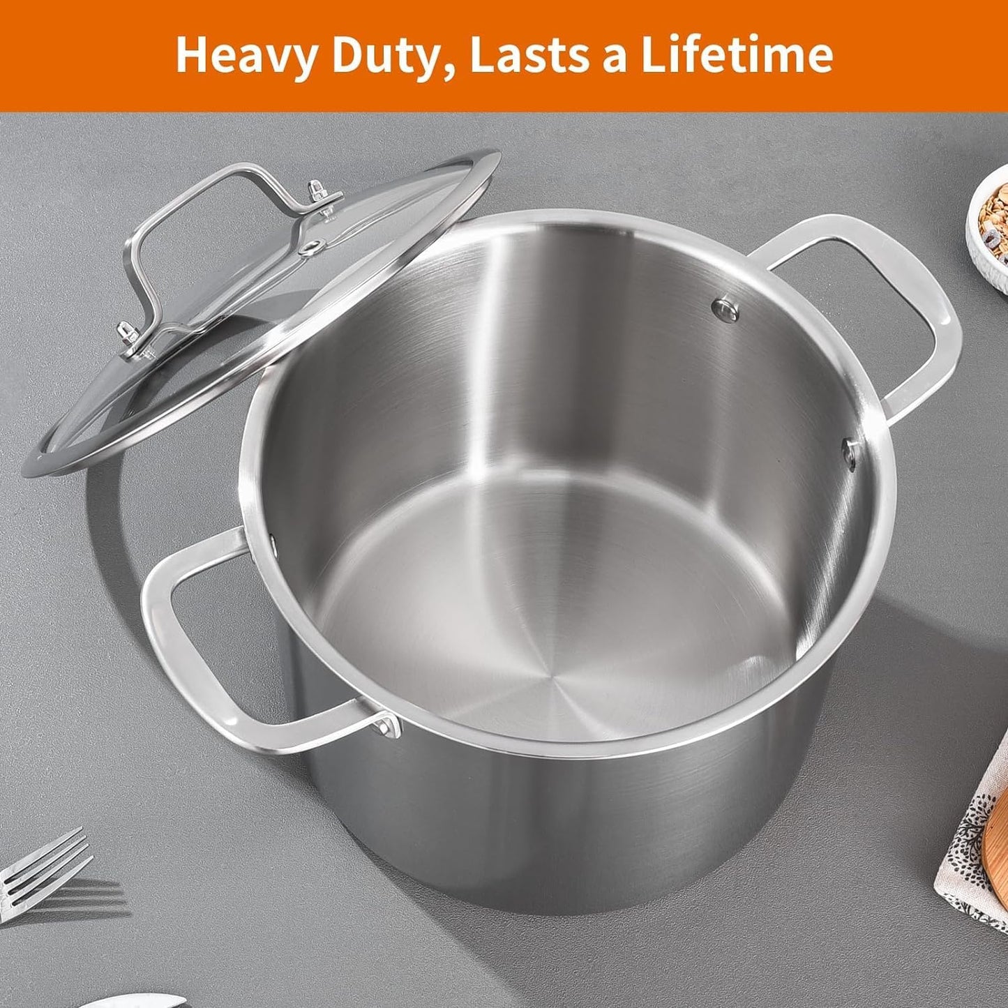 DELARLO Tri-ply Stainless Steel 20QT Stock Pot, Compatible with All Stoves Up to 600℉, 18/10 Induction Big Cooking Pot with Lid, Fast & Even Heating, Durable Large Soup Pot